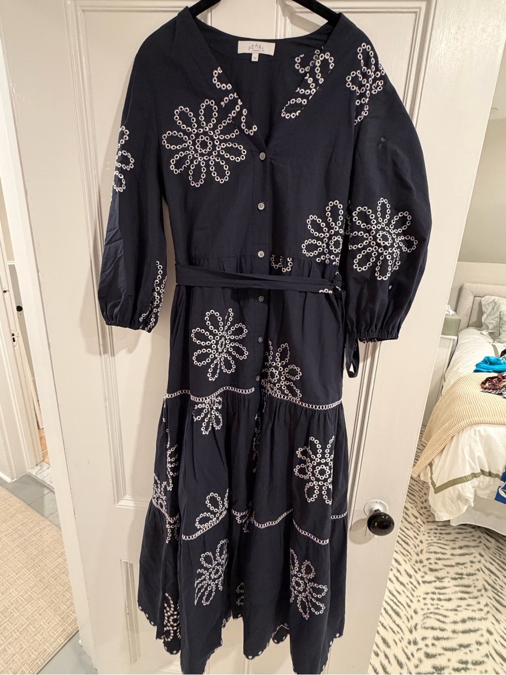 Pearl by Lela Rose Navy Eyelet Embroidered Maxi Dress XS